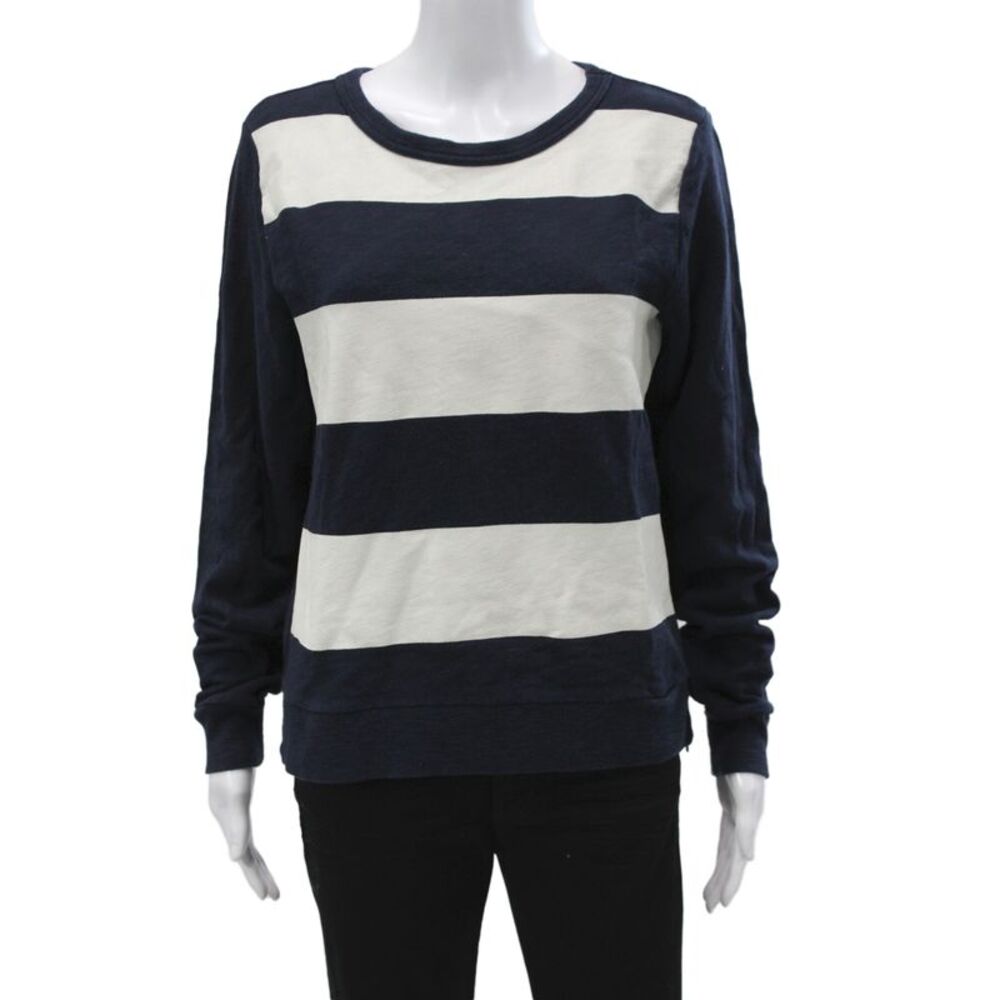 J Crew Unisex Pullover Sweatshirt Dark Blue Striped Zip Long Sleeve Size M